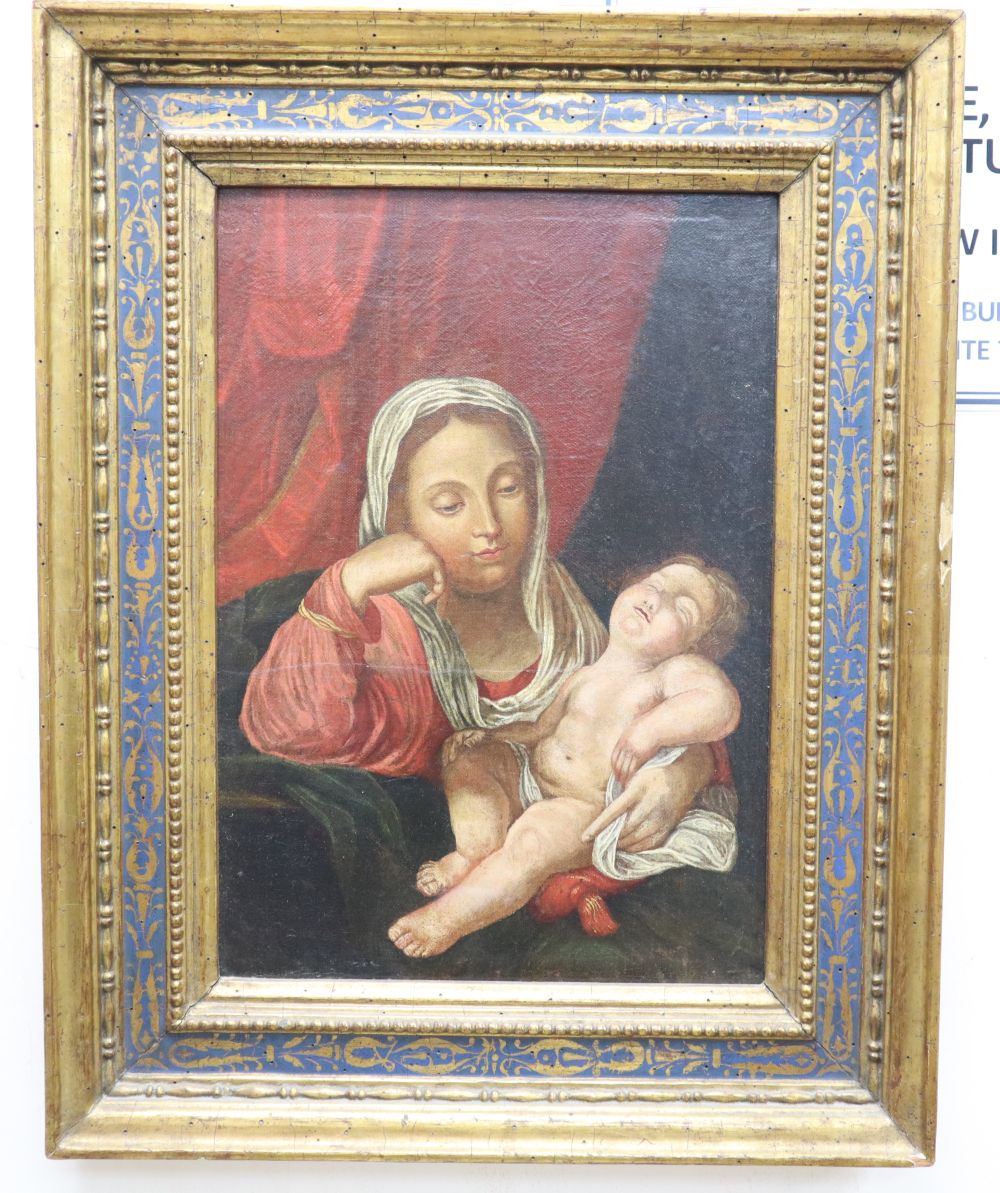 After Guido Reni, oil on canvas, Madonna and child, label remnant verso, 37 x 26cm